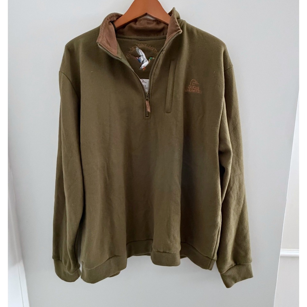 Ducks Unlimited Mens XL Quarter Zip Fleece Pullover Olive Green Mallard Logo